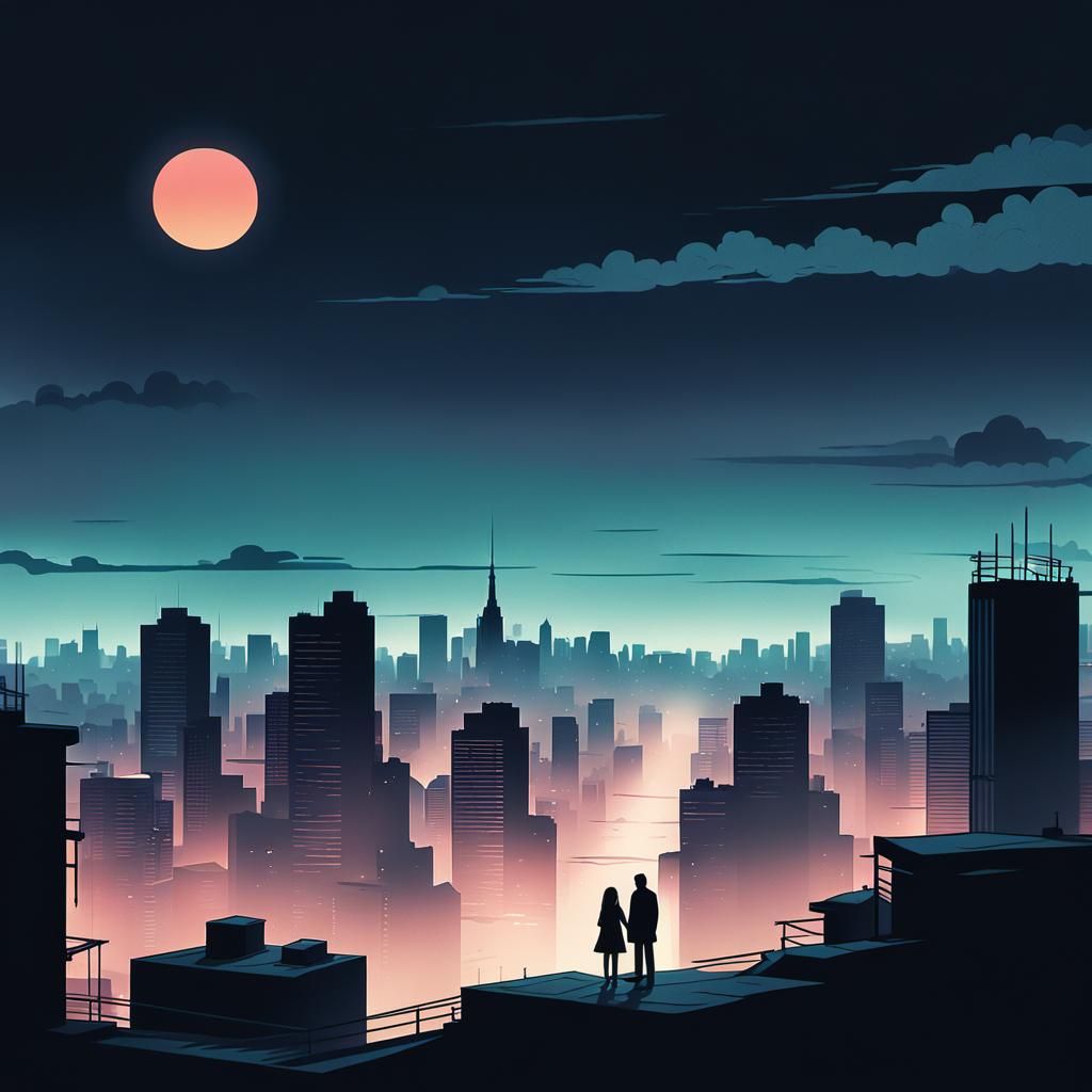 Cityscape Silhouette: Anime Style Love in the Sky