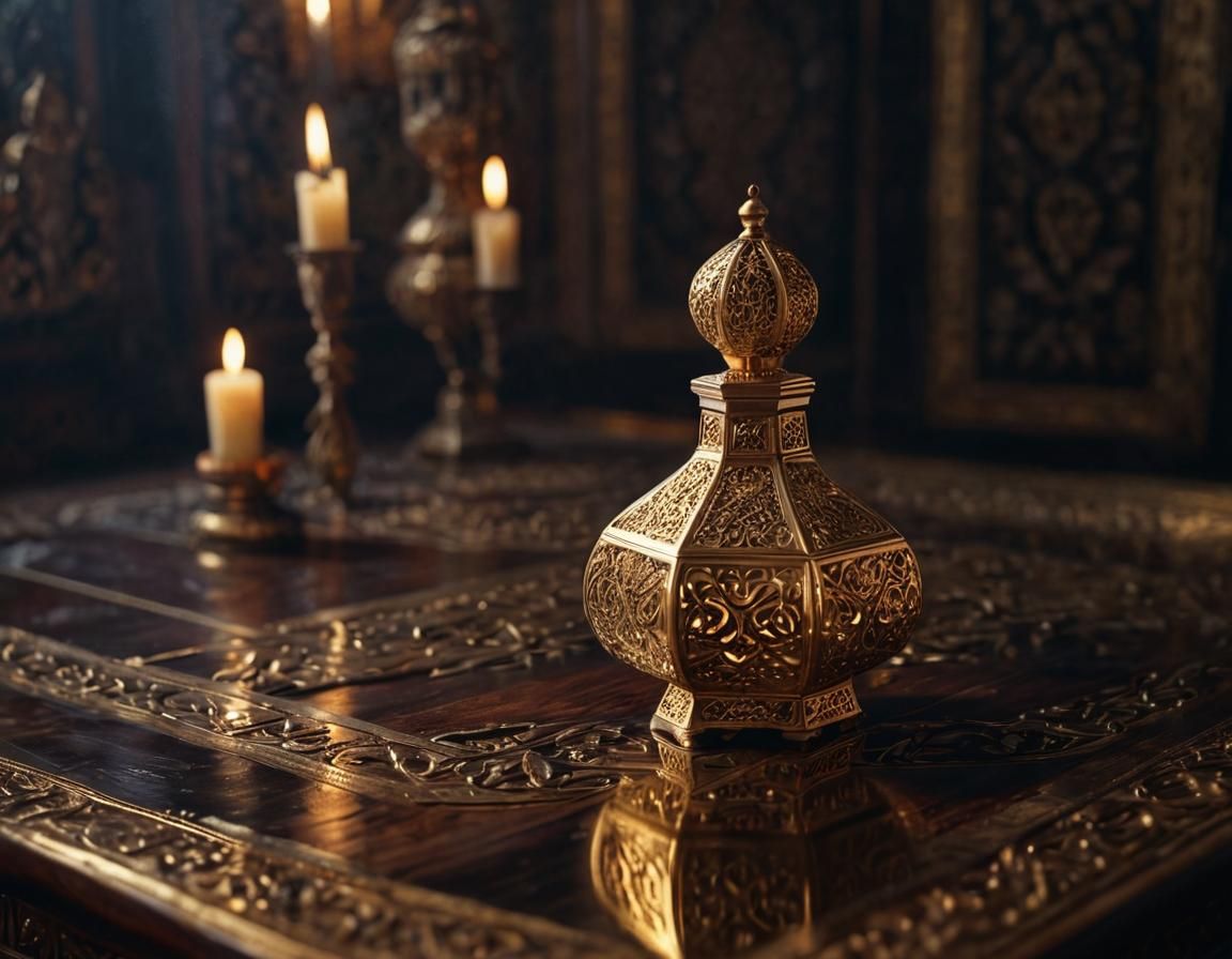 Gold Gilded Islamic Perfume Bottle in Dramatic Lighting