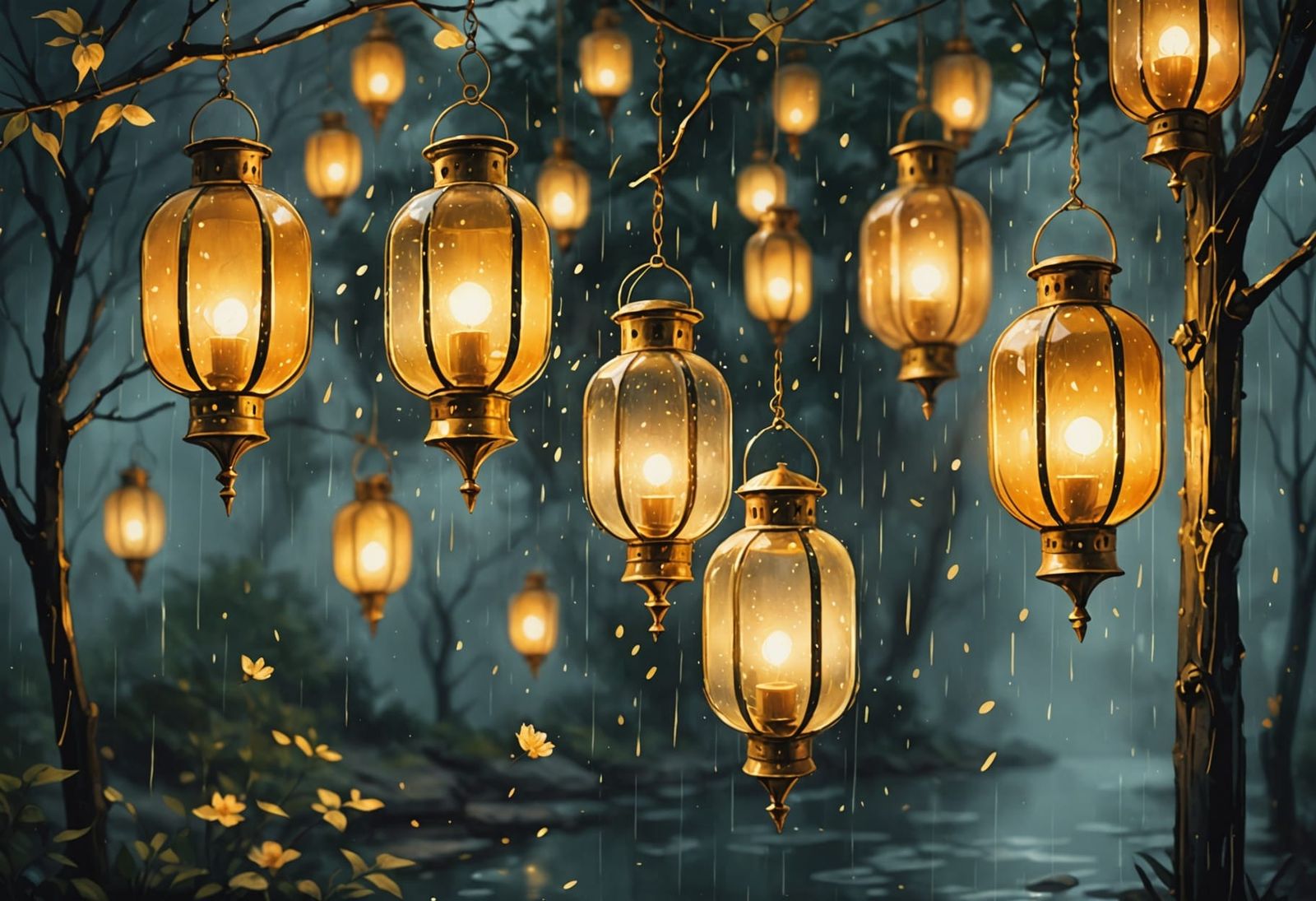 Ethereal Lanterns Bloom in Rainy, Dreamy Watercolor