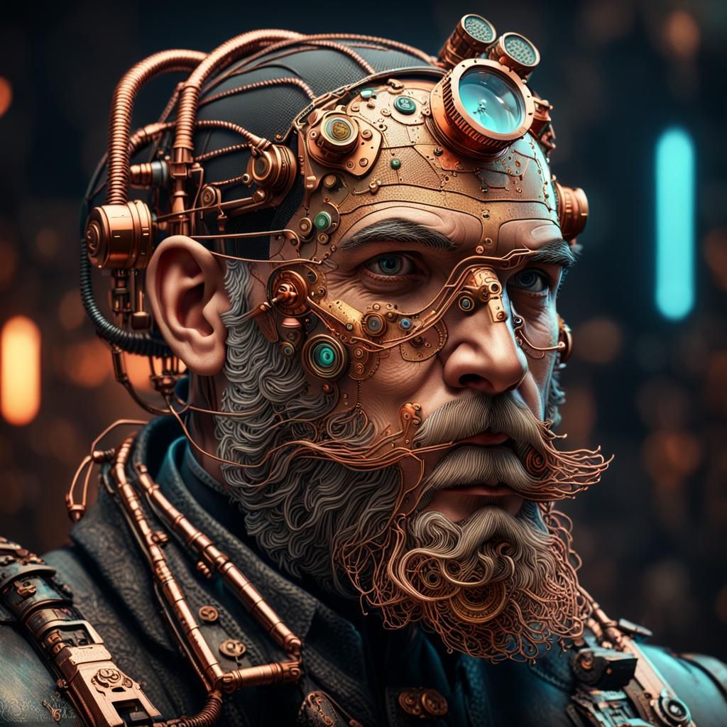 Steampunk Man with Copper Wire Beard: Sci-Fi Concept Art