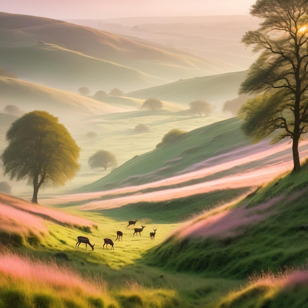 Impressionistic Sunrise Landscape with Deer