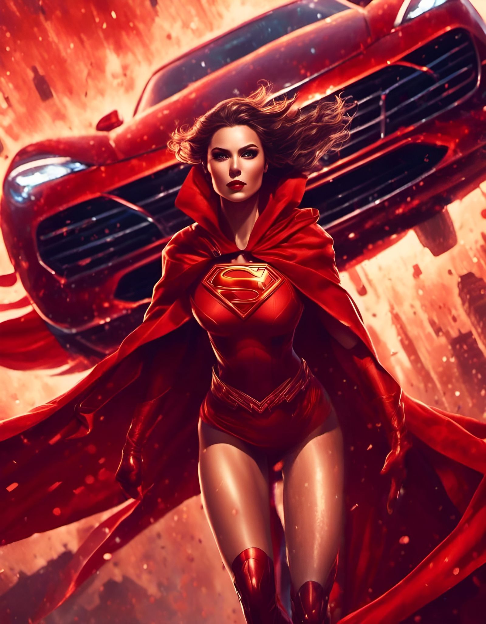 Superhero Girl Lifts Car in Red Cape: Comic Art