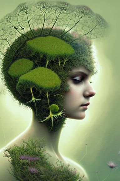 Ethereal Fractal Portrait with Thistles and Dandelions