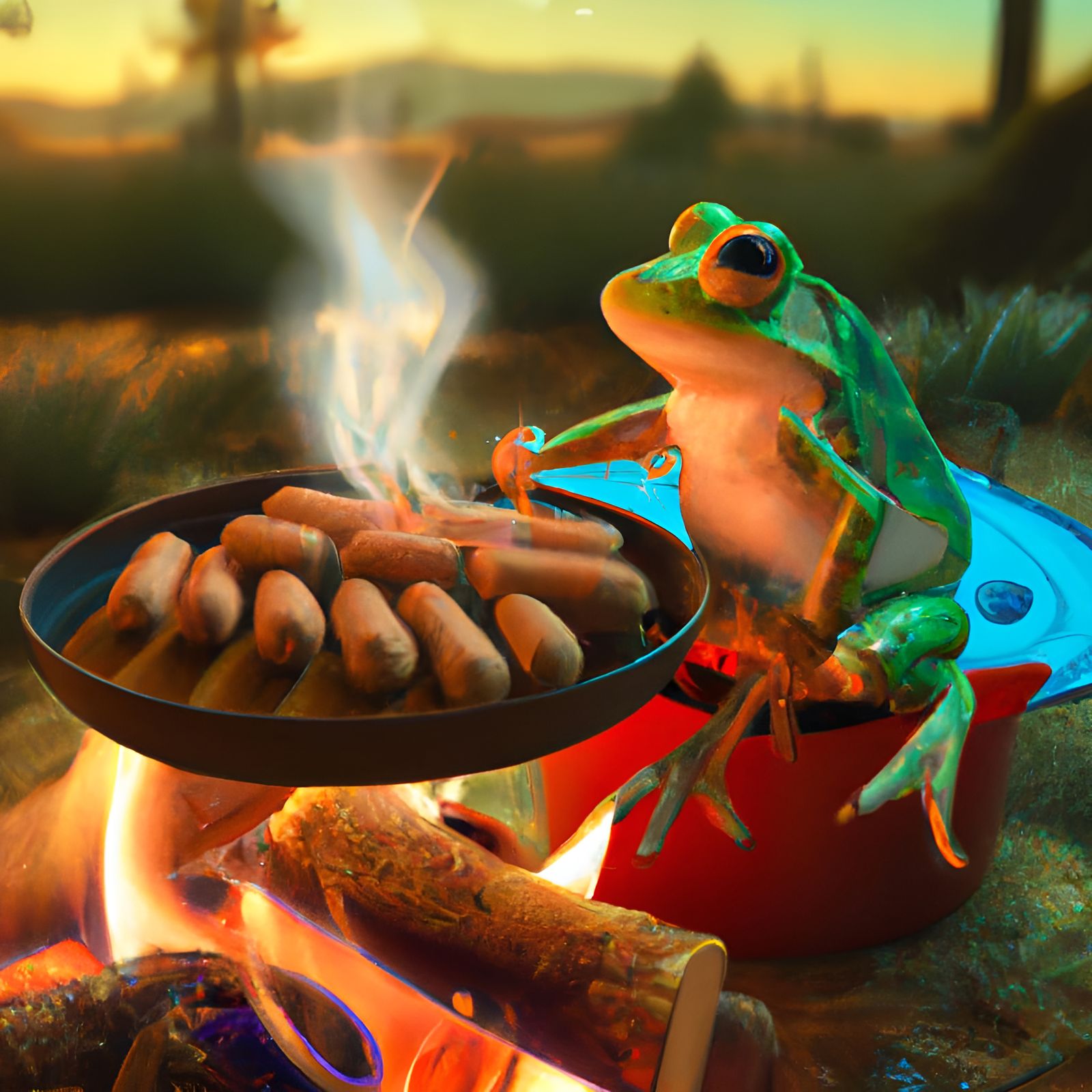 Adorable Frog Cooks Hot Dogs: 3D Render