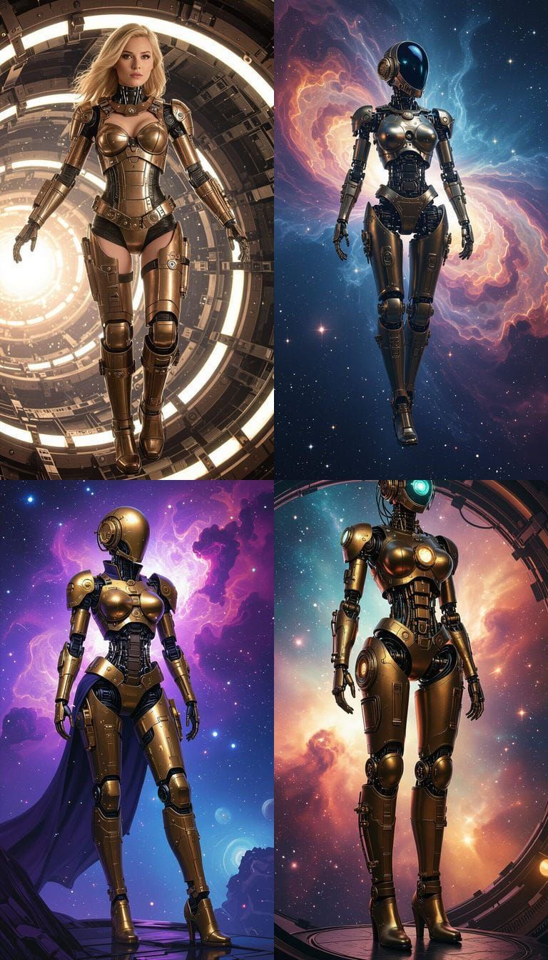 Steampunk Woman and Robot in Space Warp