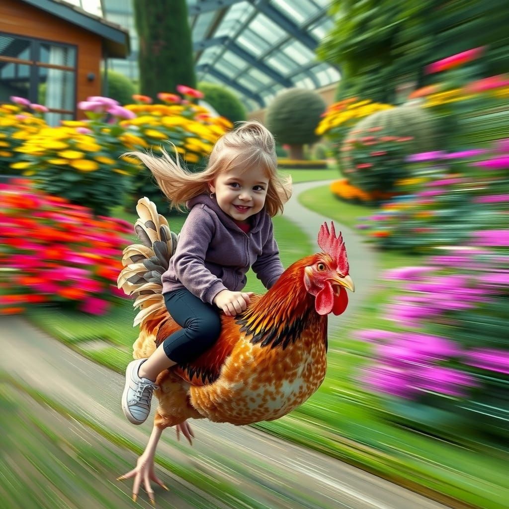 Girl Rides Chicken Through Garden in Dynamic Style