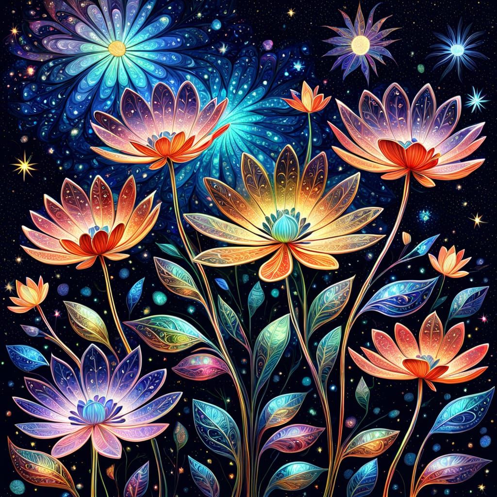 Shimmering Foil Flowers Under Starry Sky