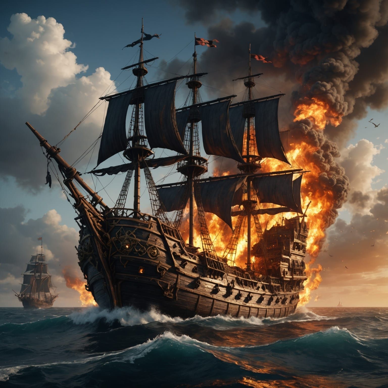 Fiery Pirate Ship on the Ocean