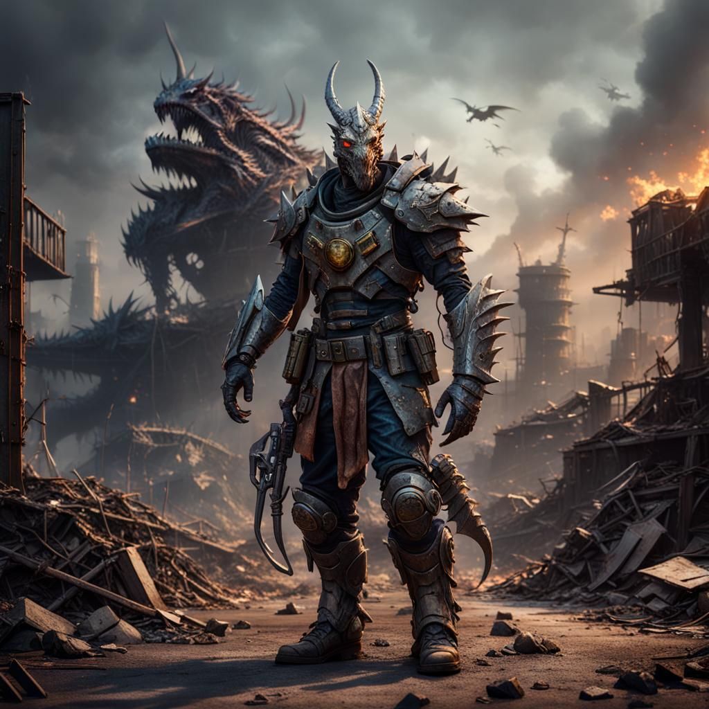 Post-Apocalyptic Dragon-Human Mutants in Junkyard Armor
