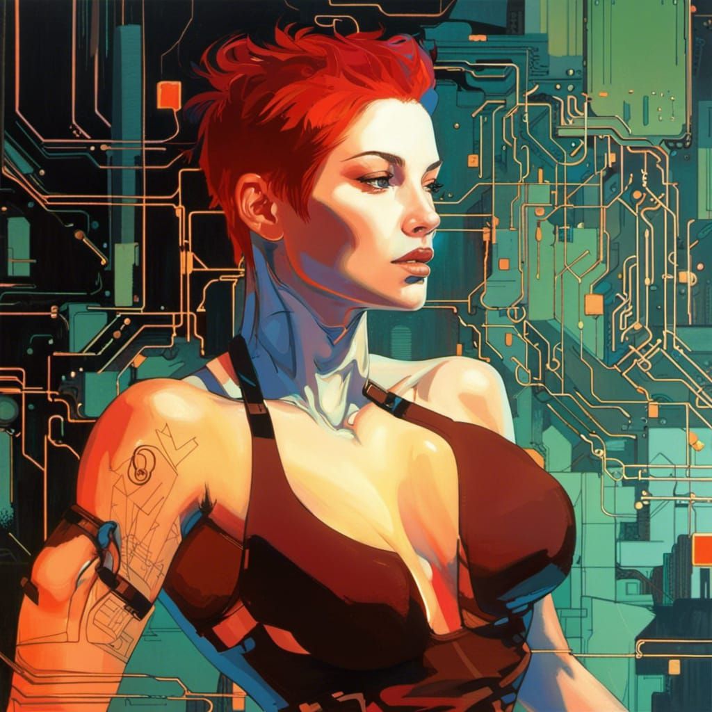 Punk Cyborg Surrounded by Circuits in Cyberpunk Style