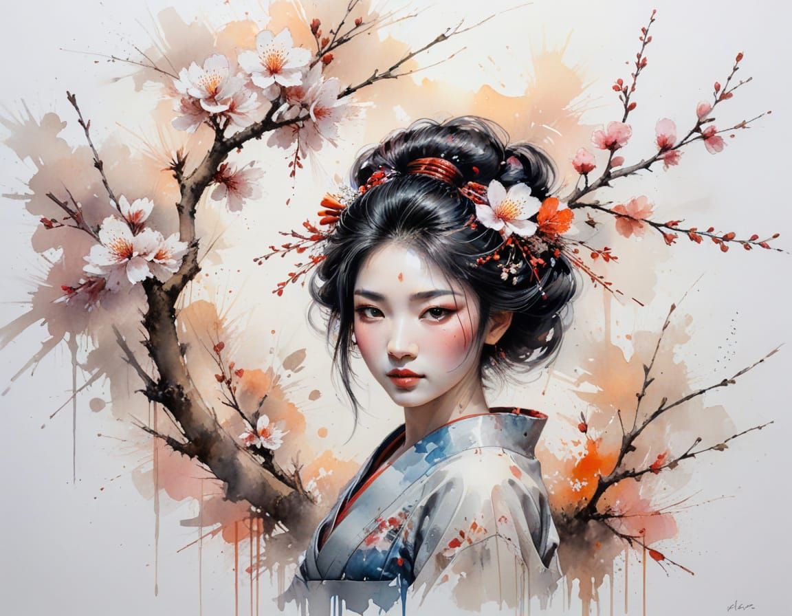 Geisha Portrait Under Blossom Tree at Sunset in Watercolour ...