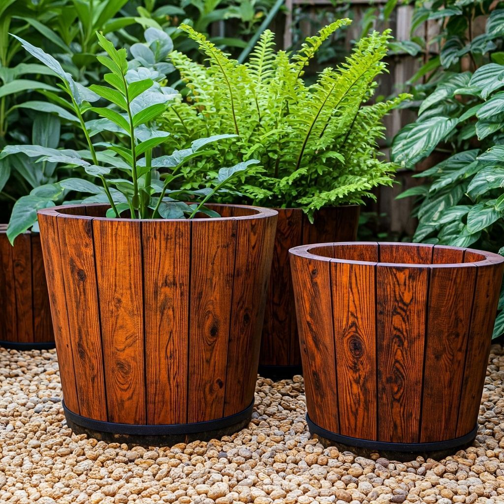 Wooden Plant Pots in Cozy Garden, Rustic Style