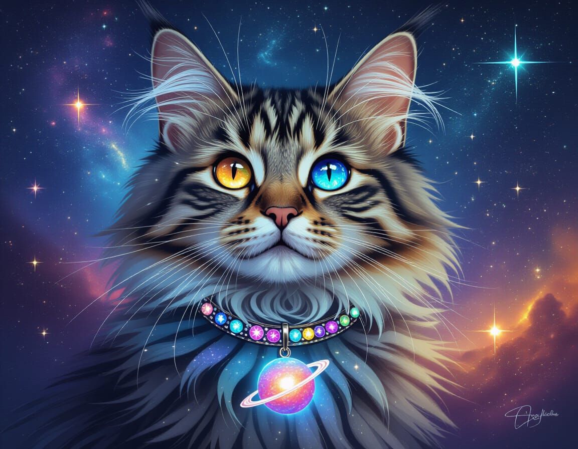 Cosmic Cat with Galaxy Fur and Gallifrey Pendant