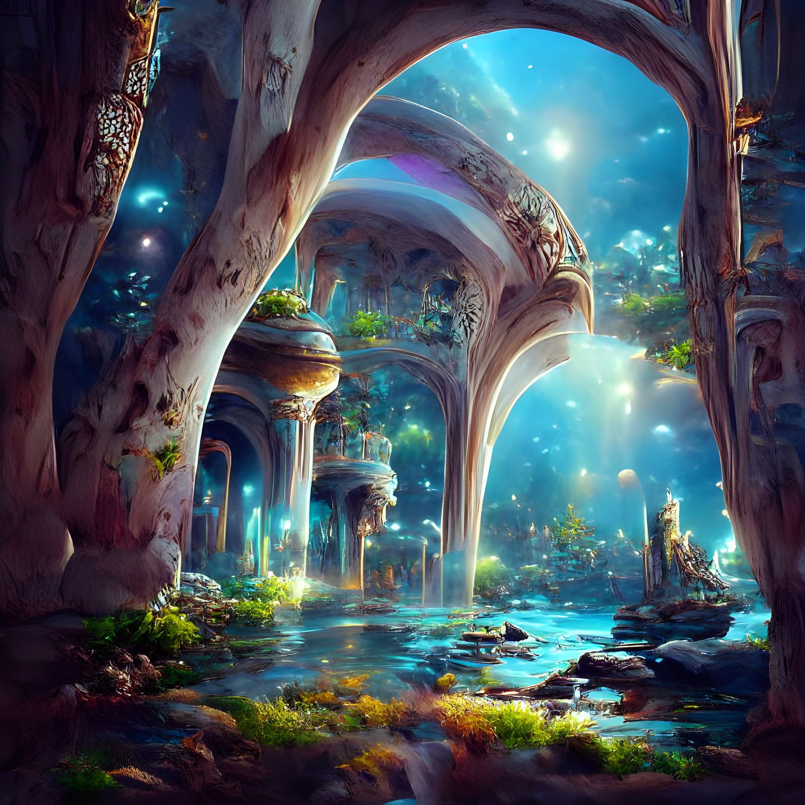 Luminous Underwater Temple Ruins in Ethereal Fantasy Artwork