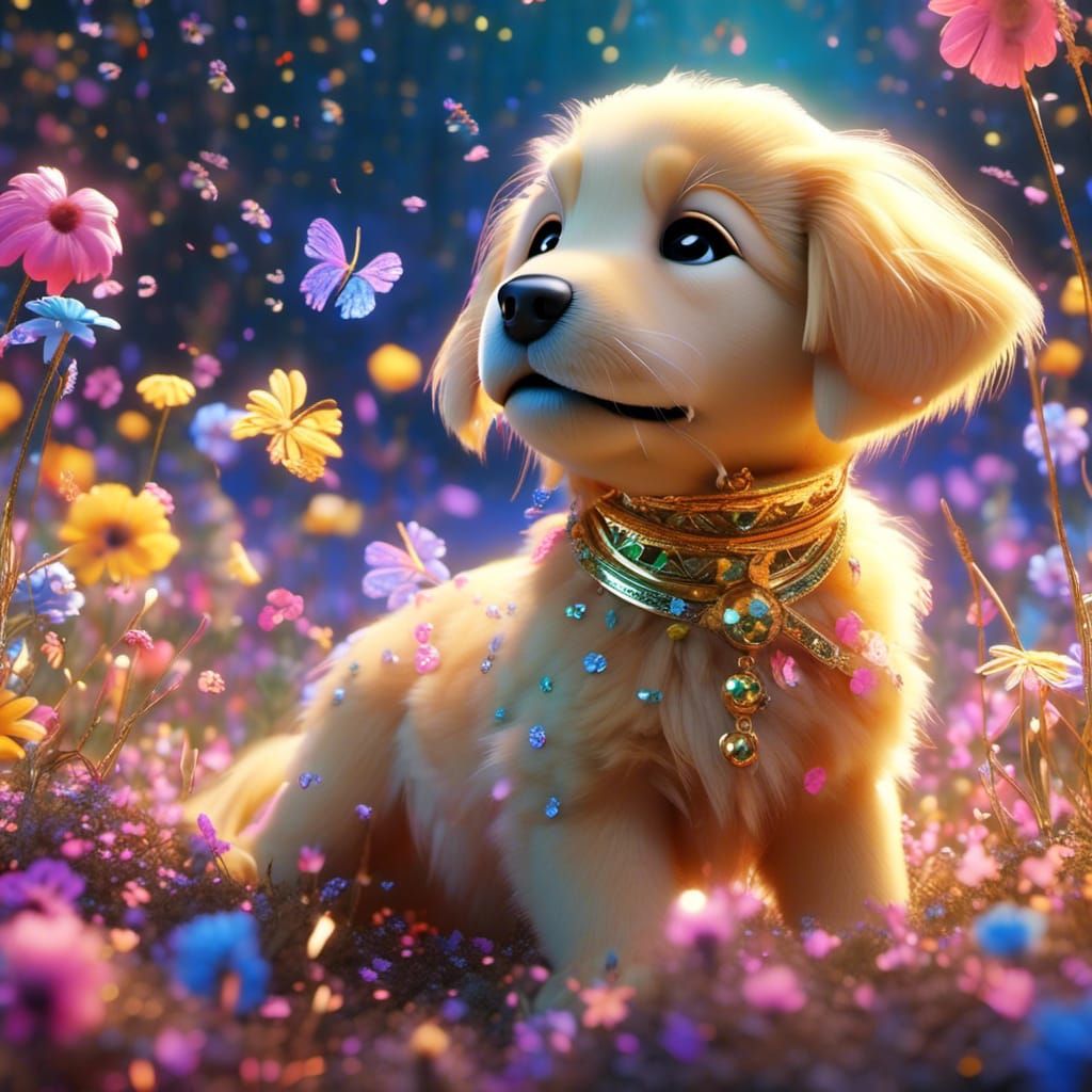 Golden Retriever Puppy in Floral Pixar Style