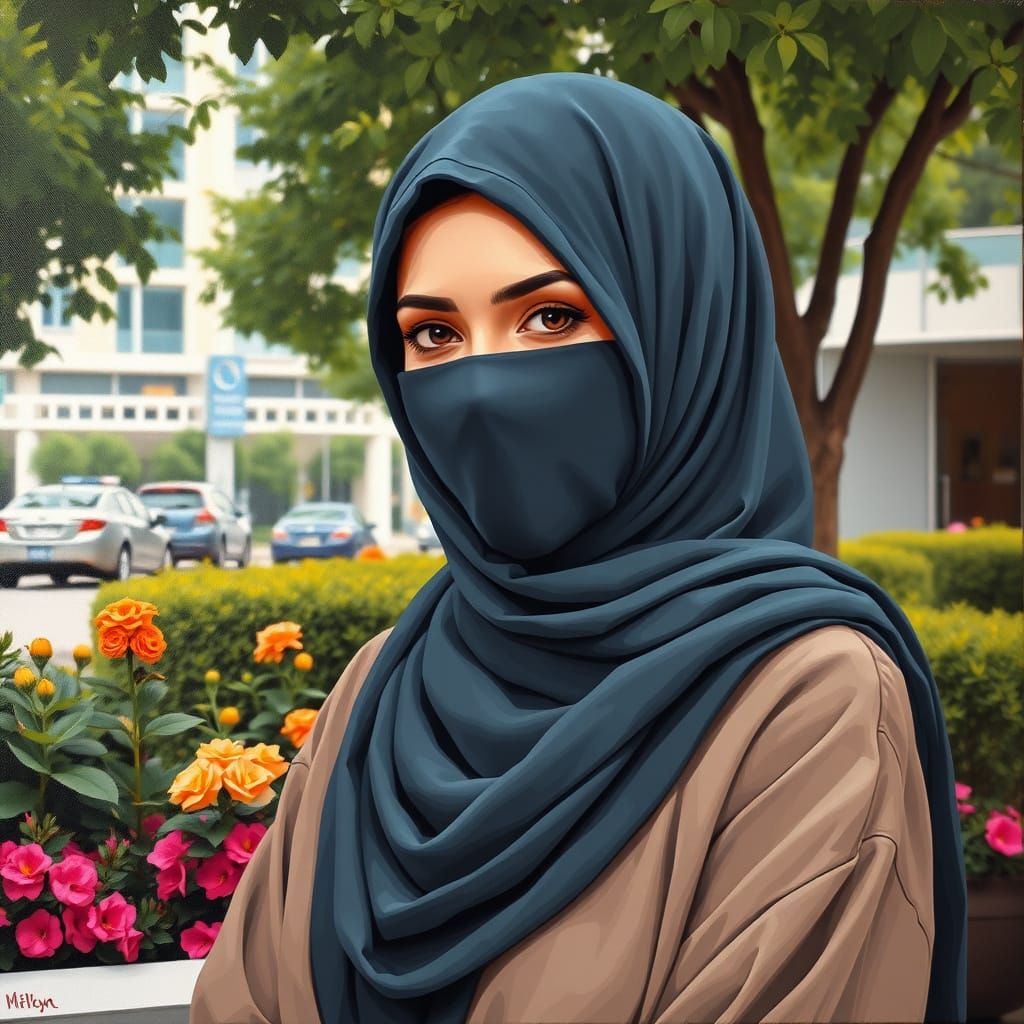 Oil Painting of a Niqabi Woman in Garden