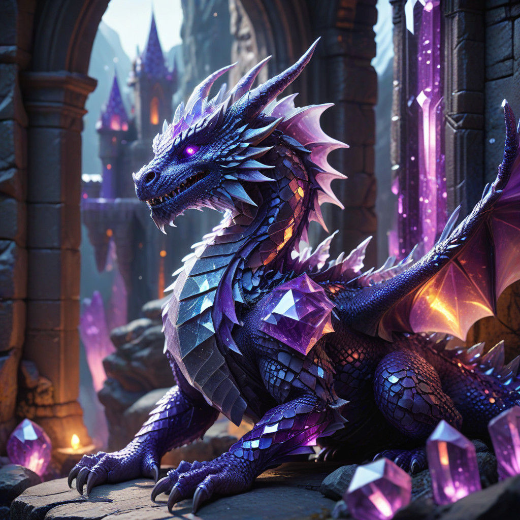 Surreal Crystal Dragon Guards Majestic Amethyst Castle