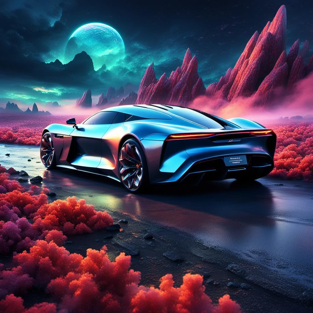 Futuristic Supercar Soars Through Dreamlike Landscape