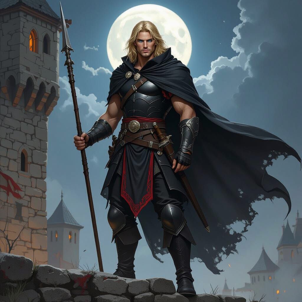 Dark Fantasy Warrior in Black Cloak Under Full Moon