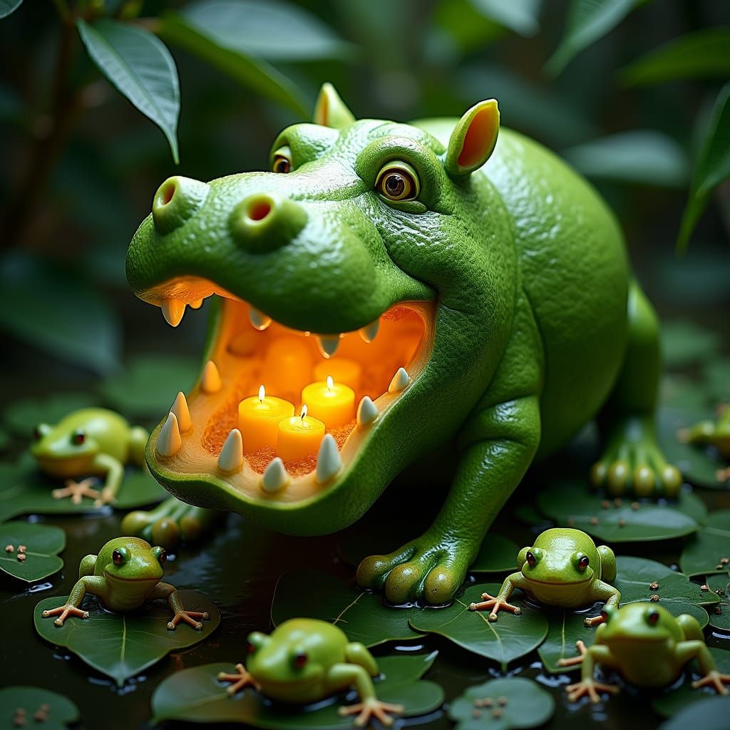 Lime Hippo and Frogs in Fruit Carving Style