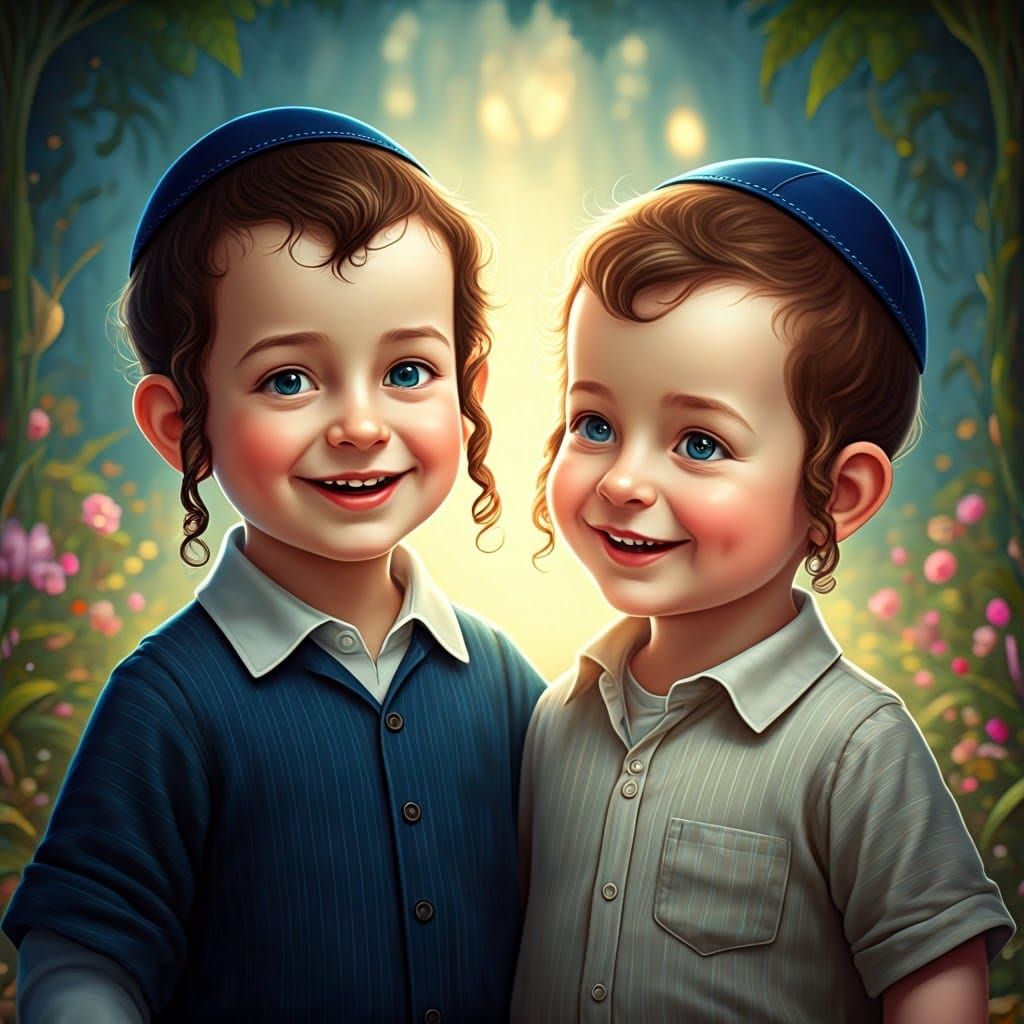 Whimsical Hasidic Jewish Children in a Dreamlike Garden