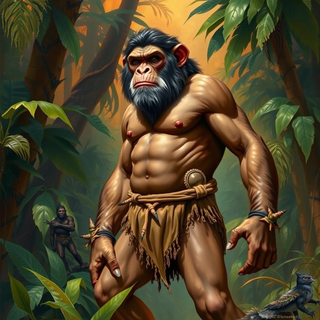 Ape Man in Lush Jungle: Frazetta, Stalenhag, Bradley Style