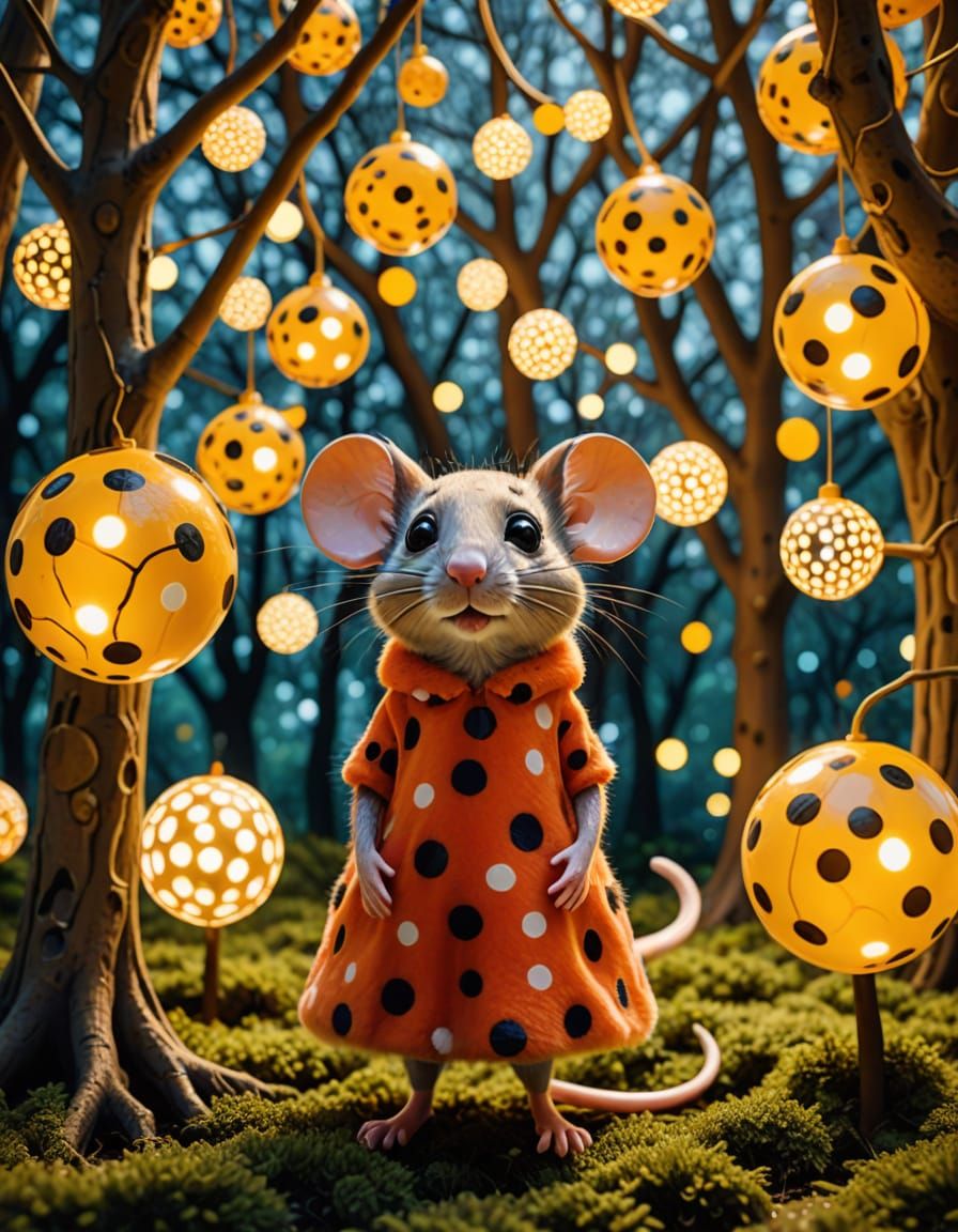 Polka Dot Mouse in Mystical Forest, Surreal Macro Photograph...