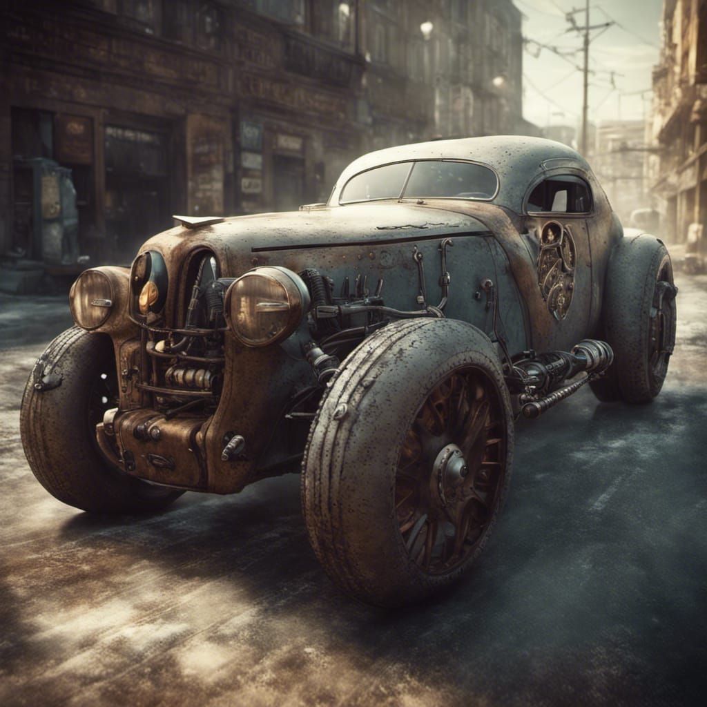 Robotic Jaguar Ratrod Car in Dieselpunk Style