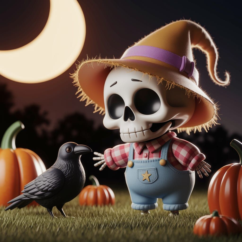 Chibi Skeleton Scarecrow Approaching Crow Adorable Illustrat...