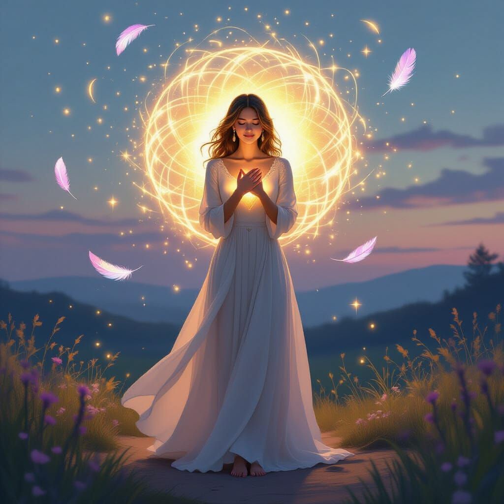 Magical Cocoon Home: Serene Woman in Luminous Digital Art