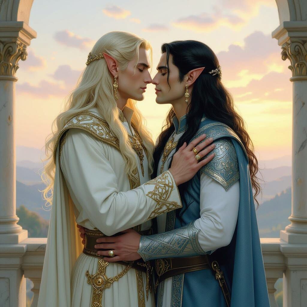 Elvish Lords Embrace at Sunrise in Fantasy Art Style