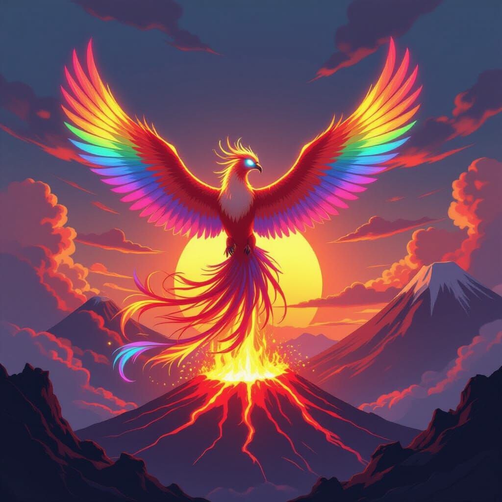 Anime Phoenix Soars Above Rainbow Volcano