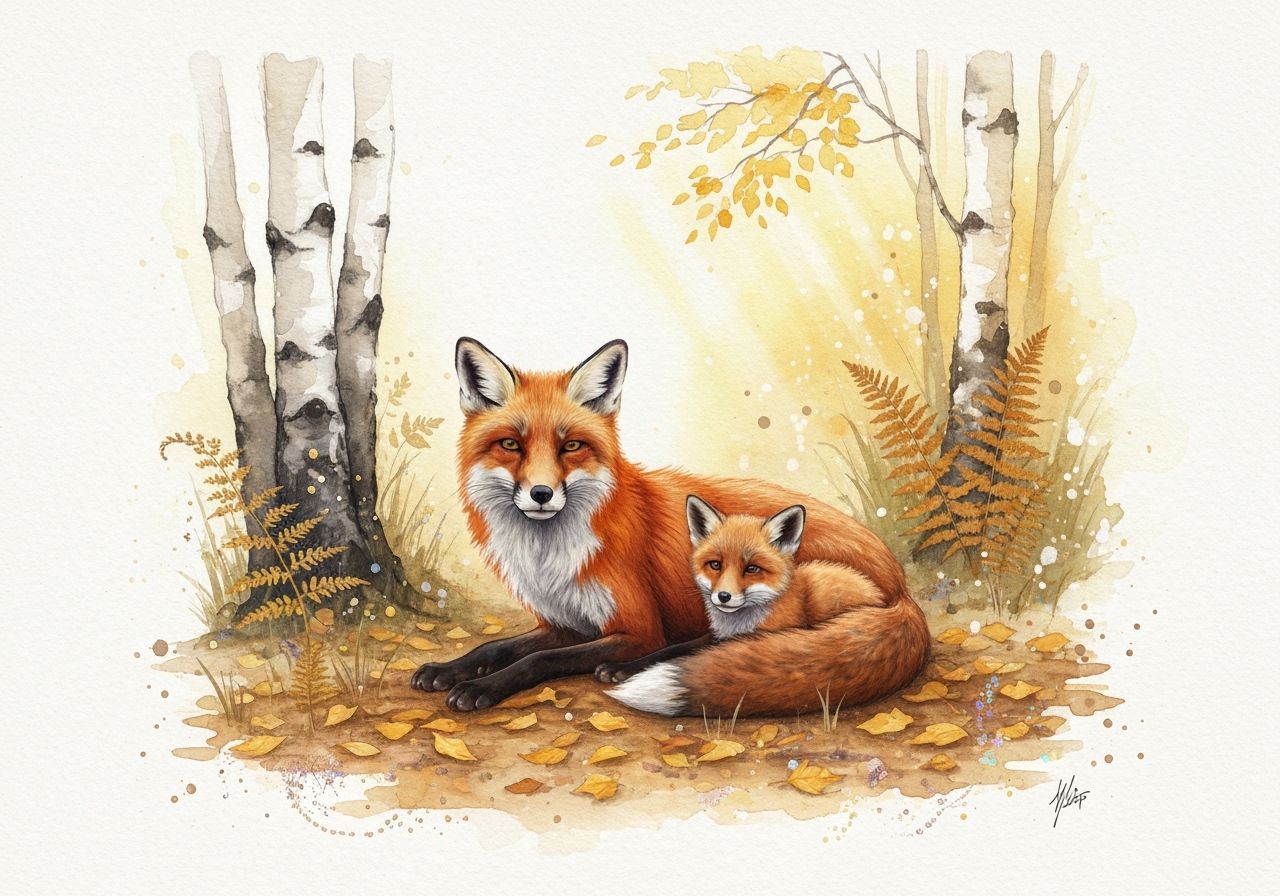 Fox Family in Sunlit Autumn Forest