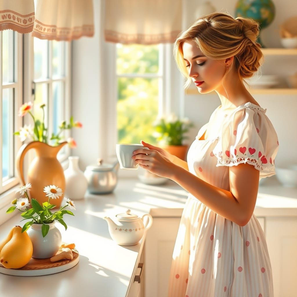 Woman Making Tea: Watercolor Painting