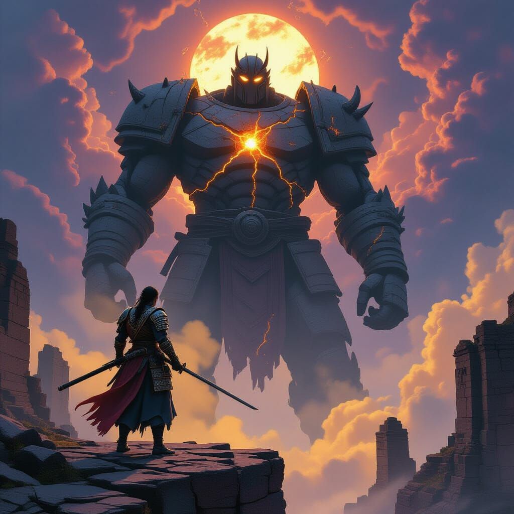 Samurai's Stand Against Stone Titan in Dark Fantasy