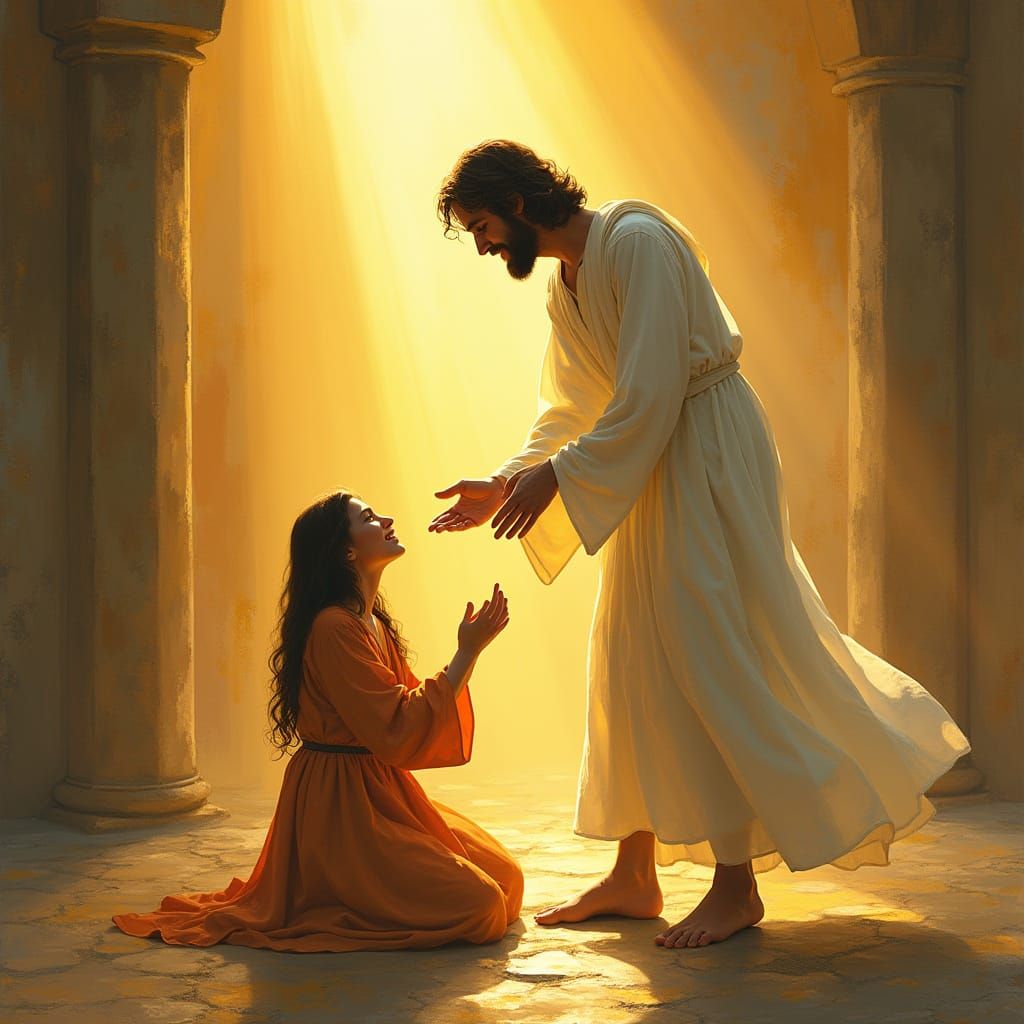 Jesus in a Soothing Golden Light, Healing a Kneeling Figure