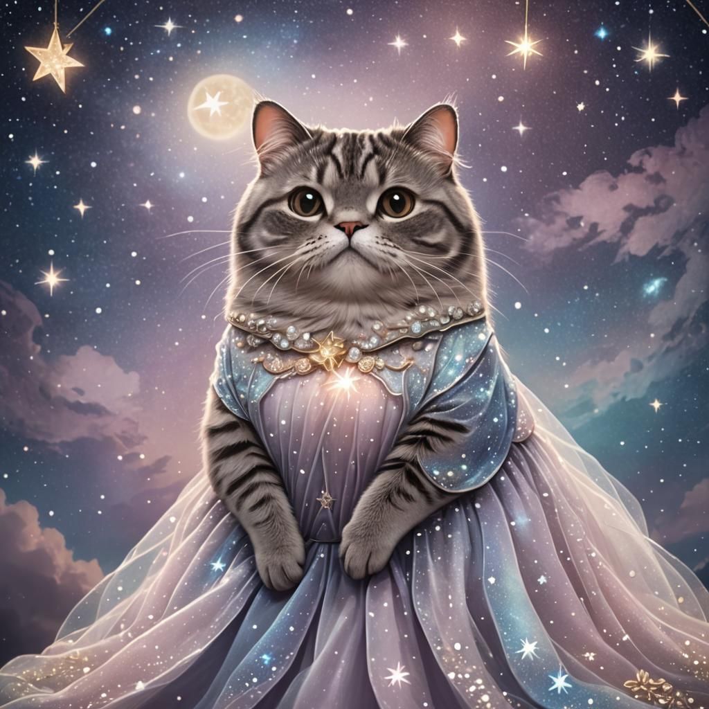 Pusheen in Starry Gown: Ethereal Fantasy Art