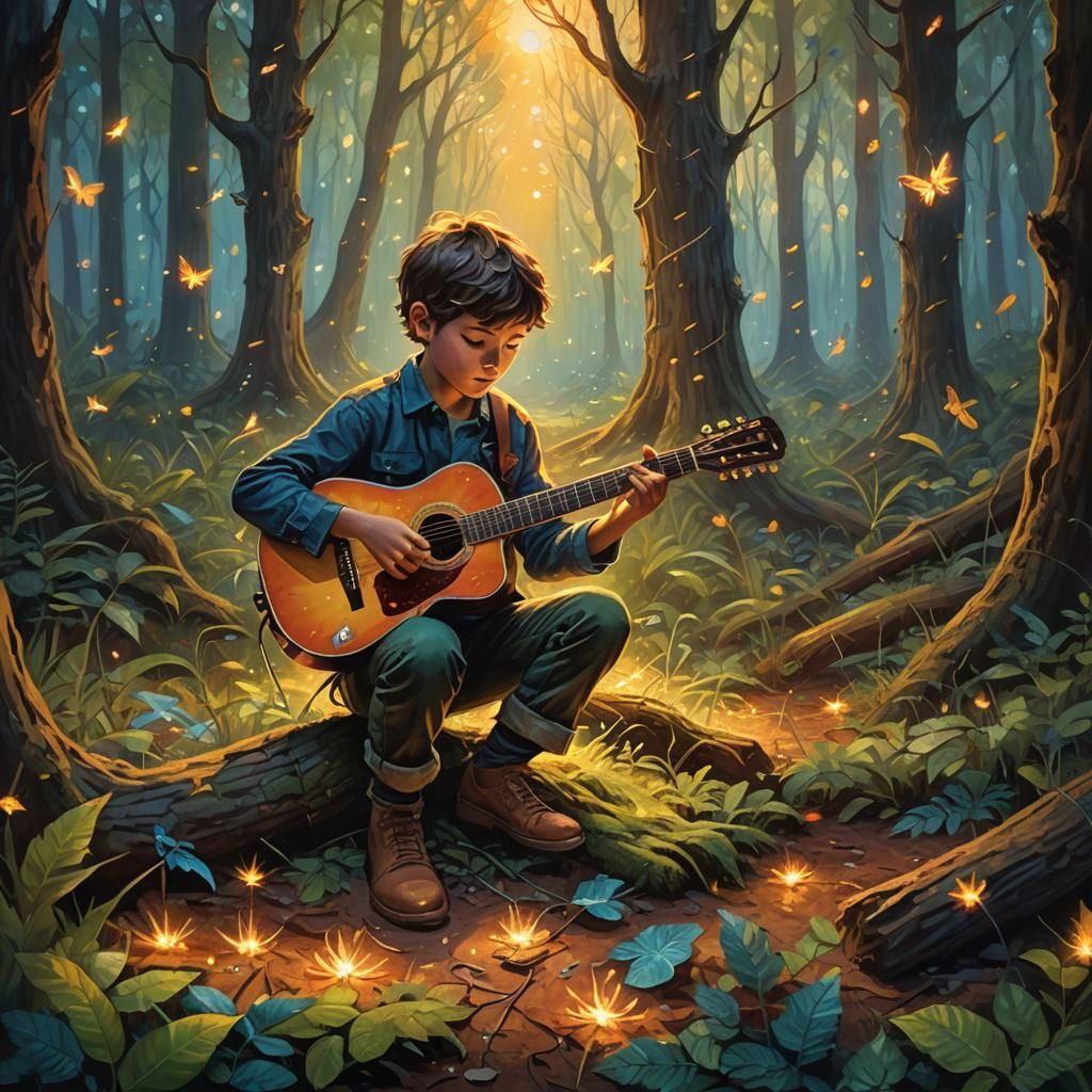Mystical Forest Boy Cuts Guitar Strings: Art Nouveau