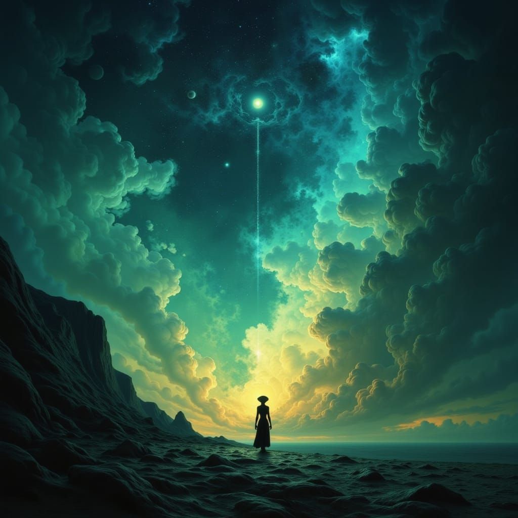 Surreal Alien Planet Landscape with Glowing Orb