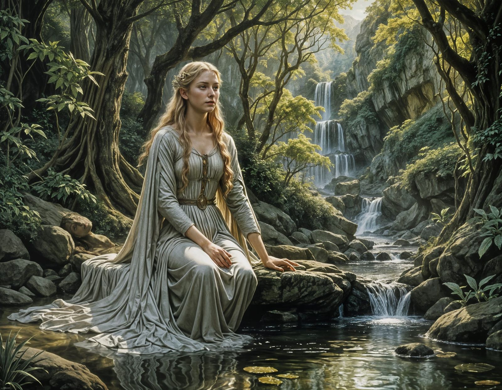 Galadriel Bathing: Oil Painting in Rivendell