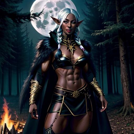 Drow Elf Sorceress Dances by Bonfire in Woods