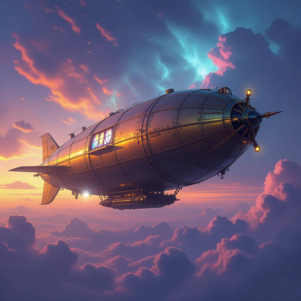 Majestic Airship in Steampunk Fantasy Landscape
