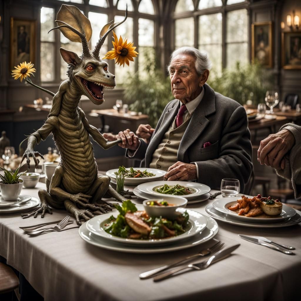 Bizarre Creatures in Surreal Restaurant, Contre-Jour Paintin...