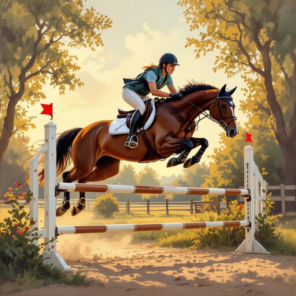 Bareback Horse Jump in Golden Hour Light