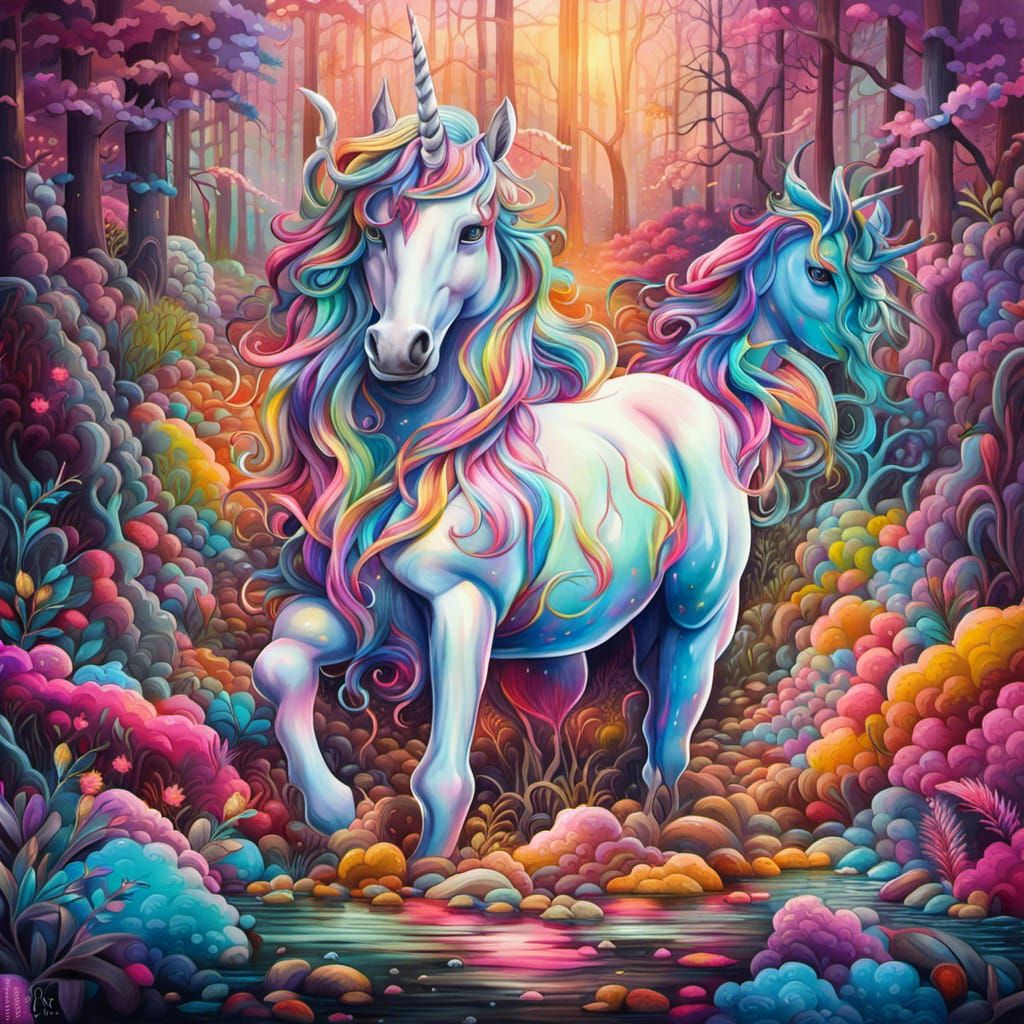 Unicorn in Enchanted Woodland: Graffiti Art Style