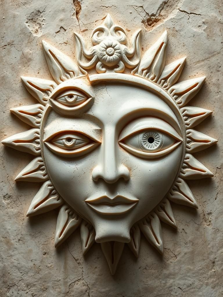Asymmetrical Three-Eyed Sun God Moonstone Relief Sculpture