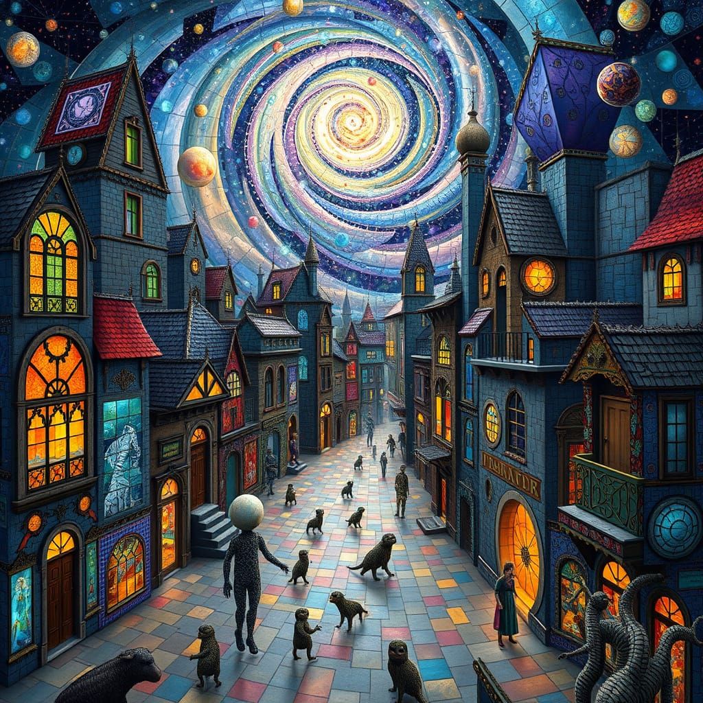 Surreal Cityscape with Stained Glass Buildings