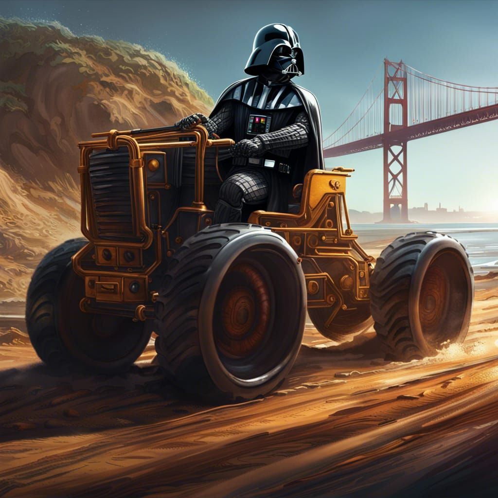 Darth Vader driving a grader,by the  sanfrancisco bay.shiny,sunny day,side view