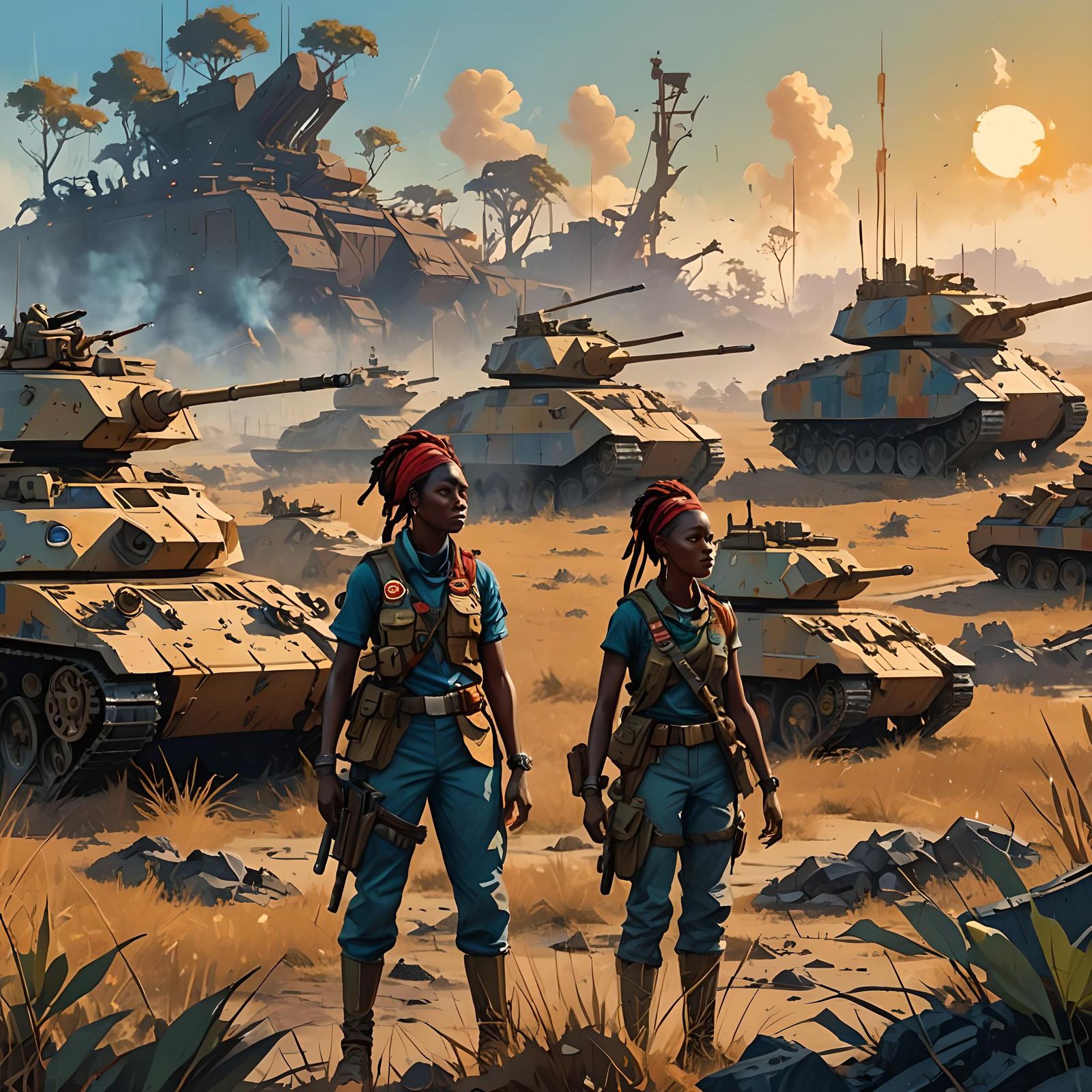 African Woman General Leading Tank Army: Detailed Matte Pain...