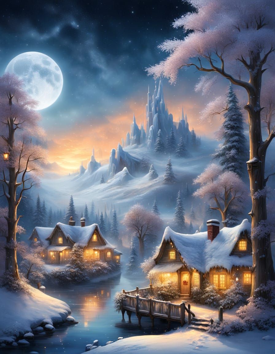 Serene Snowy Village under Ethereal Lights